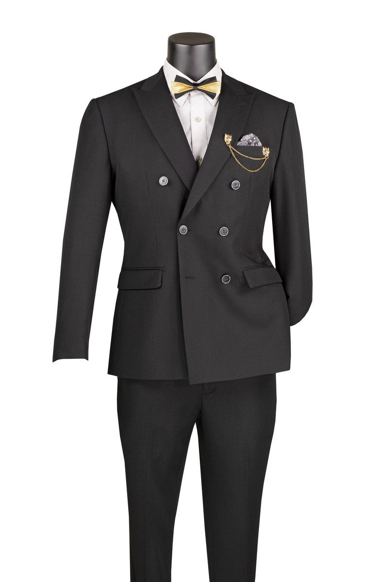 Vinci Double-Breasted Stretch Slim Fit Suit | SDB-1 - Black