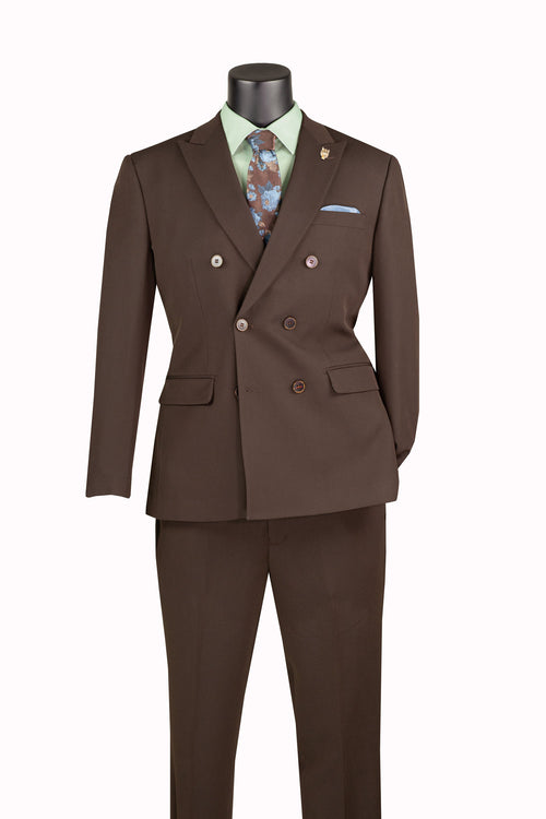 Vinci Double-Breasted Stretch Slim Fit Suit | SDB-1 - Brown