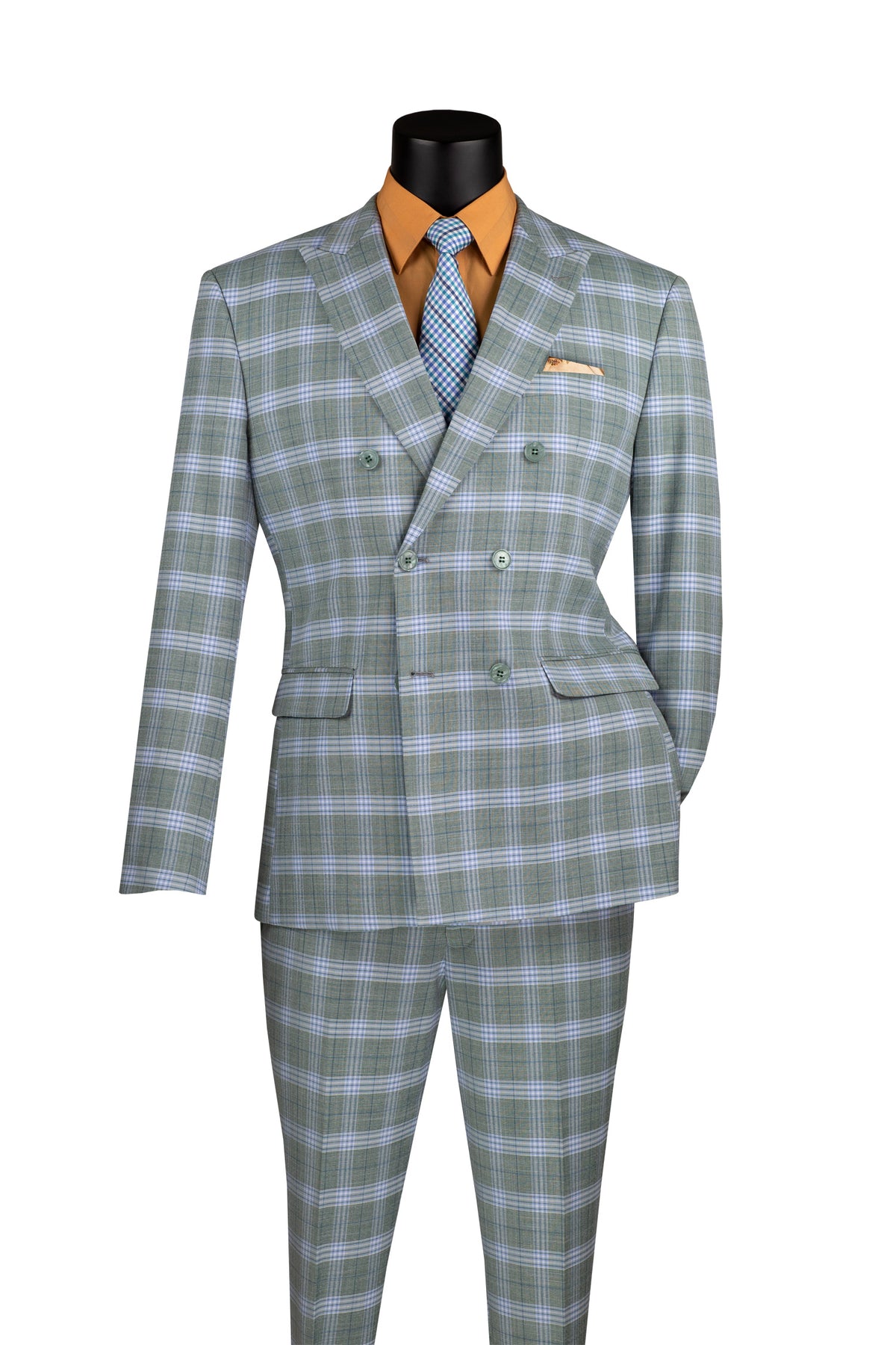 Vinci Windowpane Double-Breasted Slim Fit Suit | SDW-2 - Sea Grass