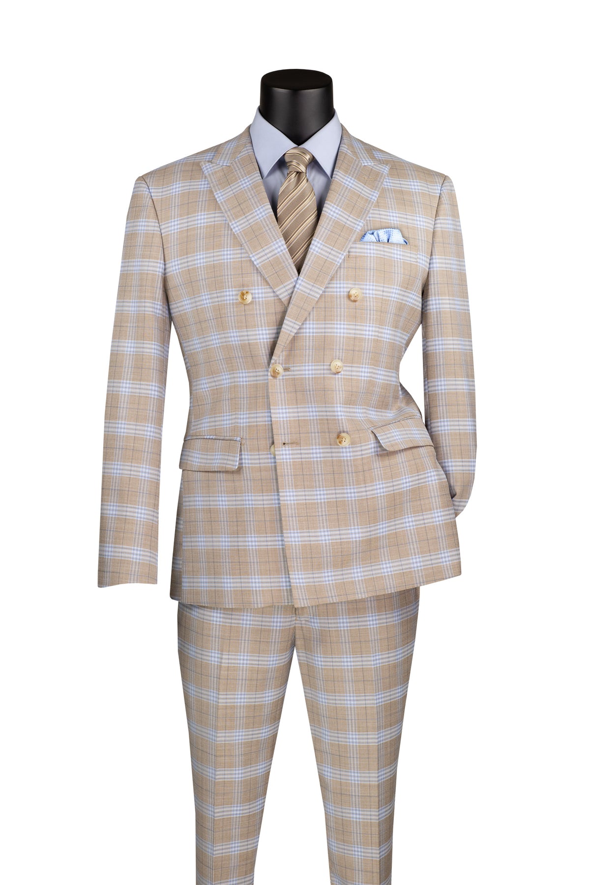 Vinci Windowpane Double-Breasted Slim Fit Suit | SDW-2 - Tan