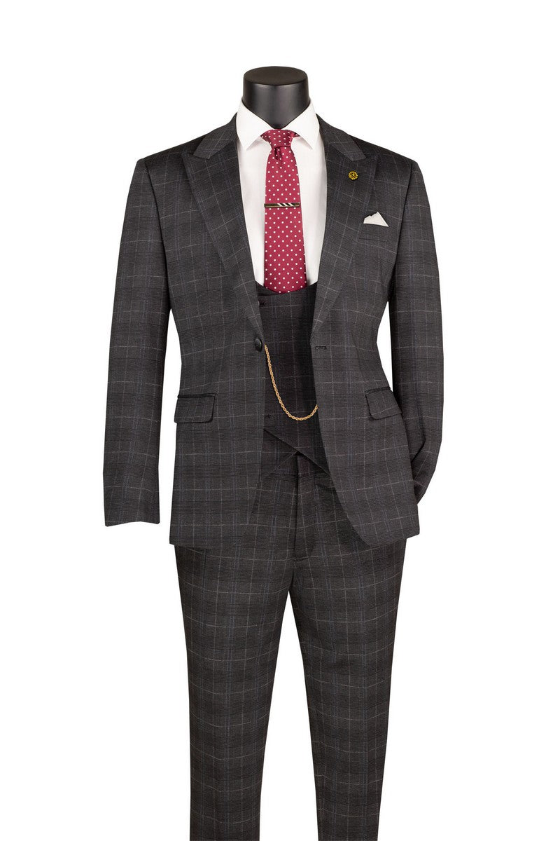 Vinci Glen Plaid Stretch Three-Piece Suit | SV1W-1 - Black