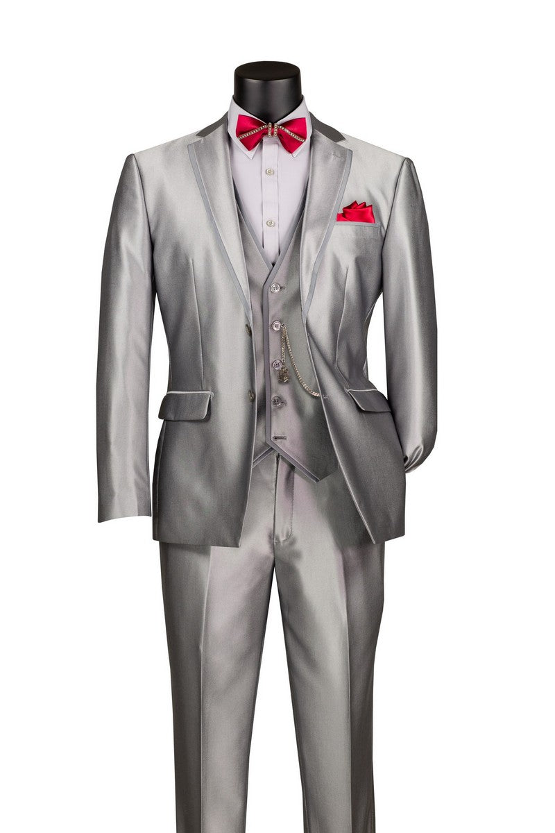 Vinci Satin-Look Three-Piece Slim Fit Suit | SV2D-1 - Silver