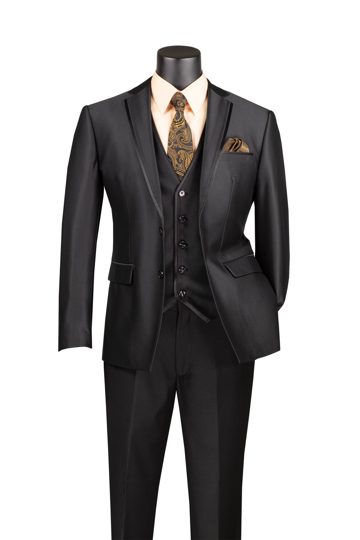 Vinci Satin-Look Three-Piece Slim Fit Suit | SV2D-1 - Black
