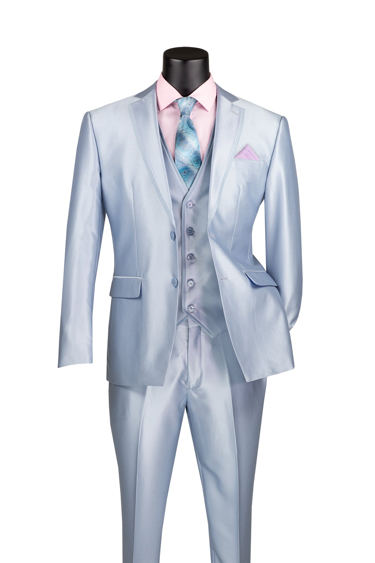 Vinci Satin-Look Three-Piece Slim Fit Suit | SV2D-1 - Ice Blue