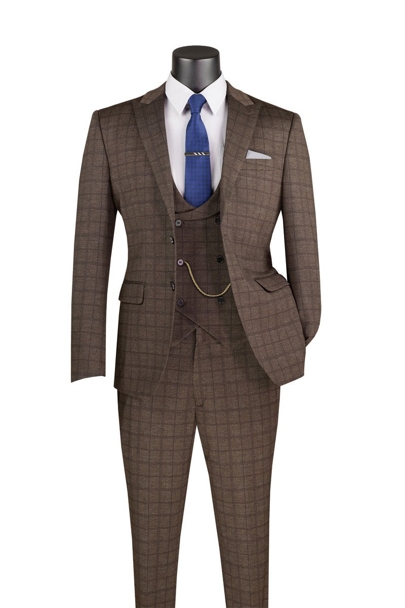 Vinci Glen Plaid Three-Piece Slim Fit Suit | SV2W-8 - Brown