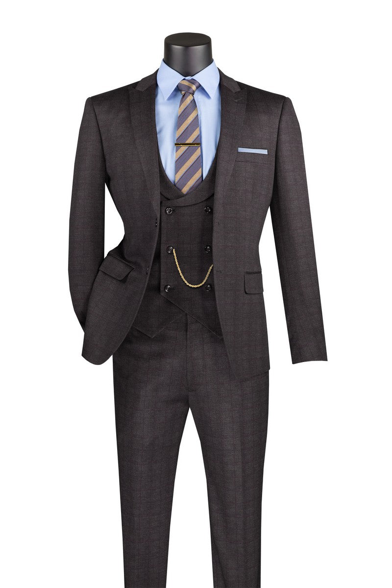 Vinci Glen Plaid Three-Piece Slim Fit Suit | SV2W-8 - Black