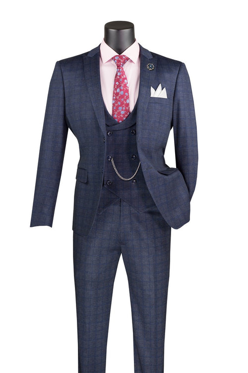 Vinci Glen Plaid Three-Piece Slim Fit Suit | SV2W-8 - Navy