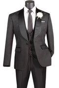 Vinci Jacquard Three-Piece Slim Fit Tuxedo | TVSJ-1 - Black