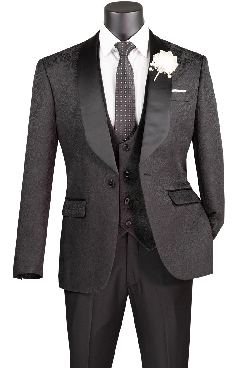 Vinci Jacquard Three-Piece Slim Fit Tuxedo | TVSJ-1 - Black