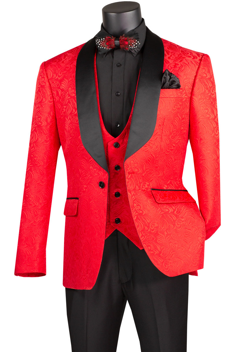 Vinci Jacquard Three-Piece Slim Fit Tuxedo | TVSJ-1 - Red