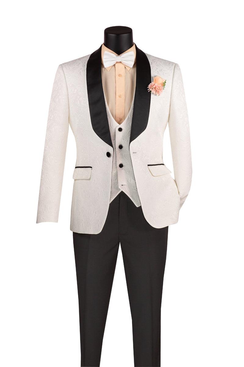 Vinci Jacquard Three-Piece Slim Fit Tuxedo | TVSJ-1 - White
